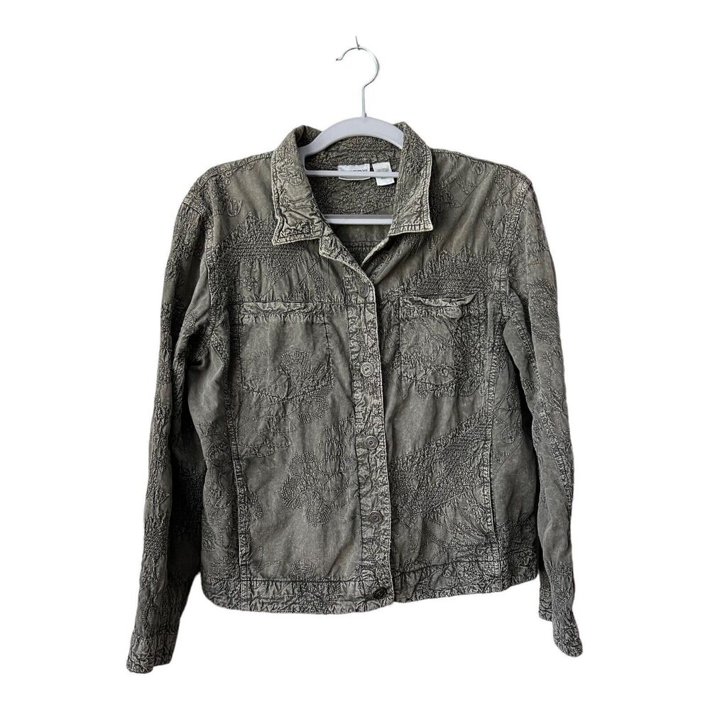 Chicos Jacket Womens Medium Green Embroidered Button‎ Down Textured Pockets Boho